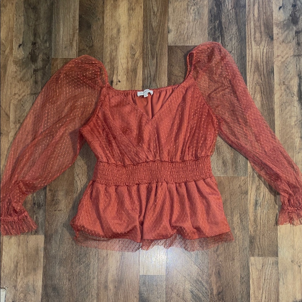 Caligraphie Sheer Sleeve Top ruched waist size Large